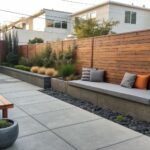 A long concrete bench with cushions is built into a raised planter bed filled with grasses and shrubs, next to a paved patio with a wooden table and chairs under a pergola.