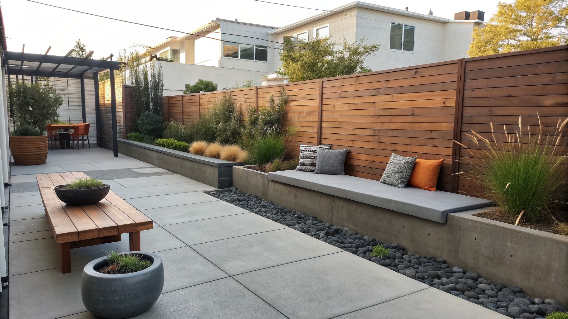 A long concrete bench with cushions is built into a raised planter bed filled with grasses and shrubs, next to a paved patio with a wooden table and chairs under a pergola.
