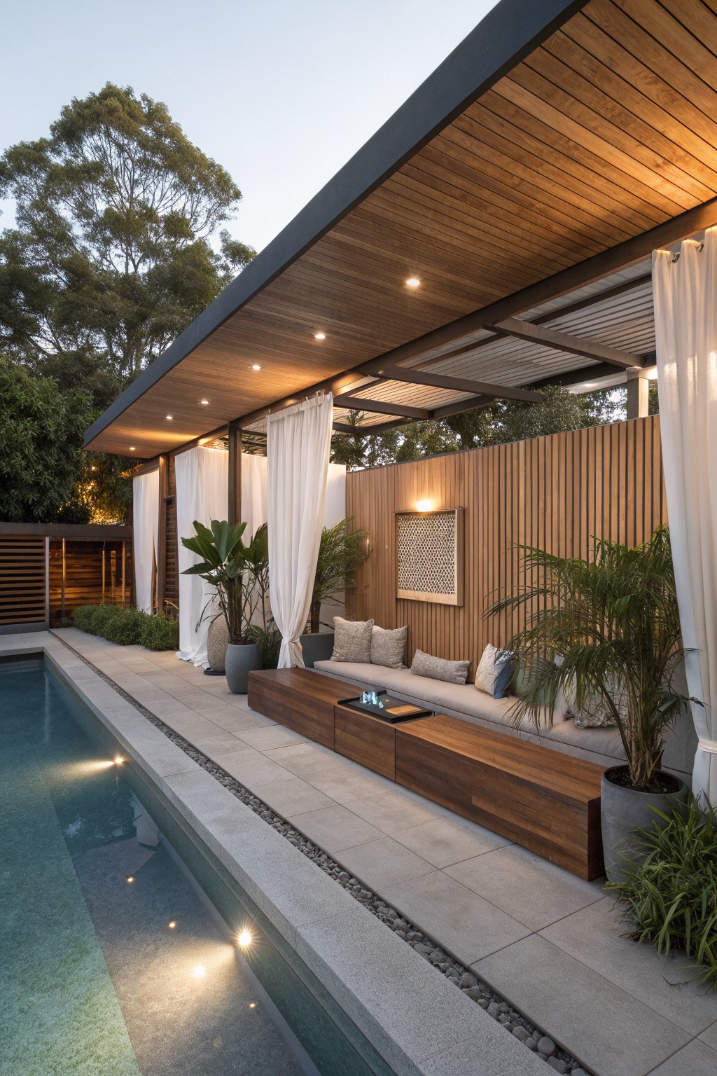 A long wooden bench with cushions sits beside a pool, flanked by large concrete planters holding tall plants under a wooden overhead structure.