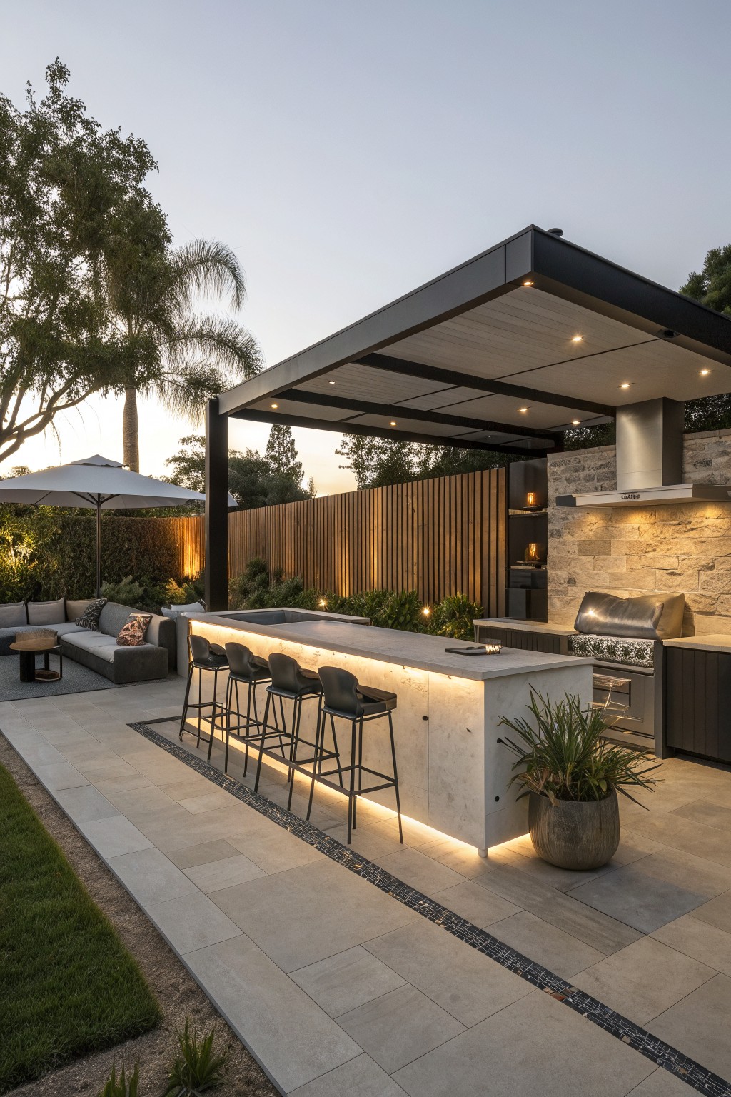 An outdoor kitchen bar with concrete countertop, four bar stools, and a tall wooden privacy fence with vertical slats in the background.