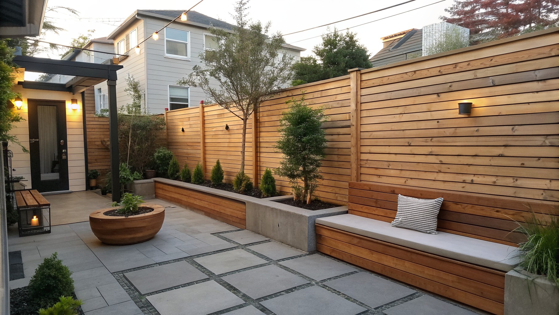A backyard patio with a tall wooden privacy fence featuring clean horizontal slats, a built-in bench with cushions, a fire pit, and stone pavers.