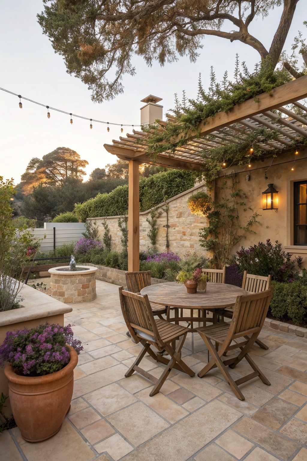 Wooden dining table and chairs under vine-covered pergola with string lights on patio