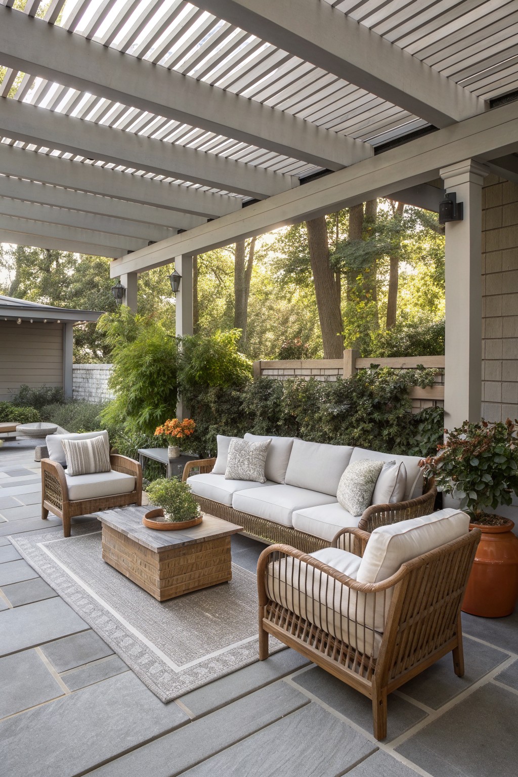 Outdoor patio with sofa, armchairs, coffee table on a rug under a slatted pergola, and a wooden fence with greenery in the background.