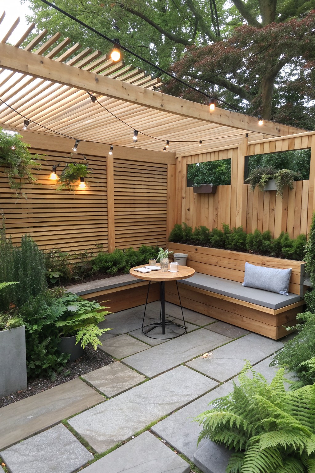 Outdoor patio enclosed by wooden horizontal slat fencing with built-in bench seating, round table, string lights, and surrounding greenery.