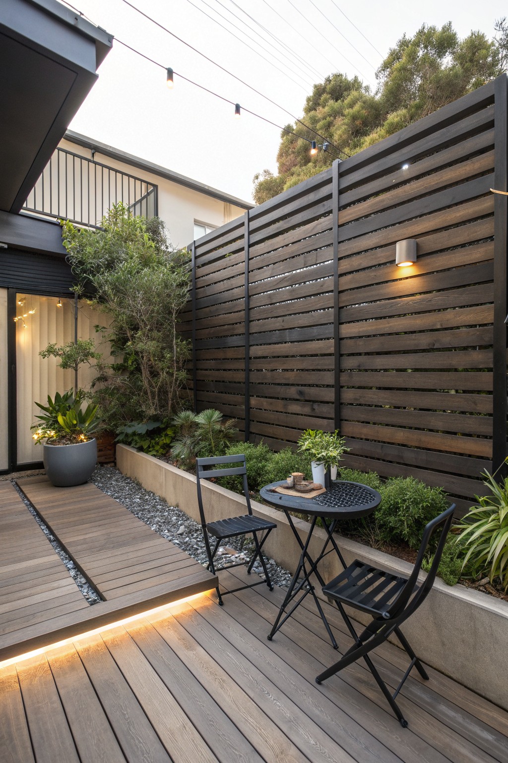An outdoor wooden deck with a dark horizontal slat privacy fence, two black metal folding chairs, a small round table, and potted plants along the fence and deck edge.