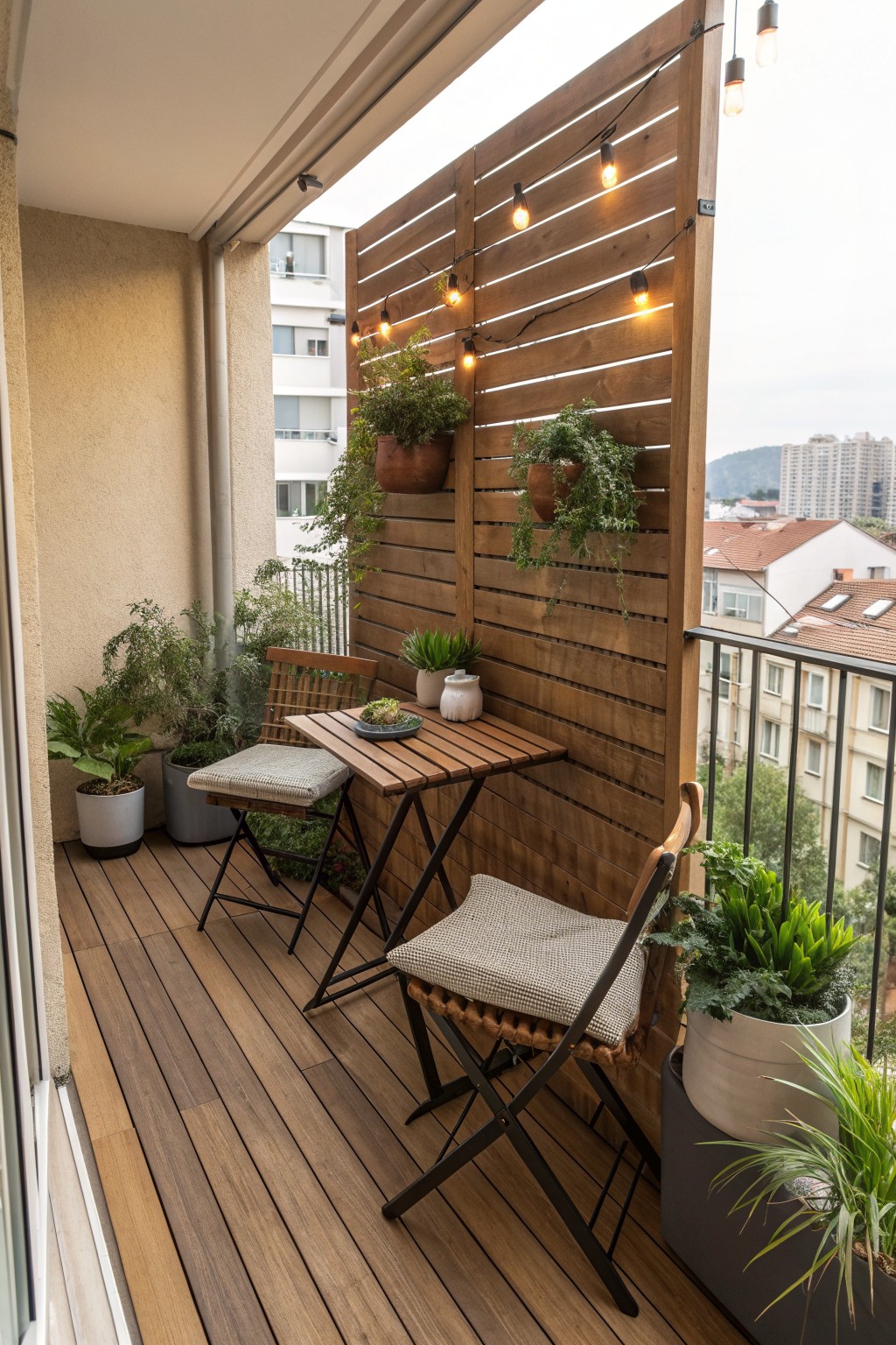 A small balcony with a wooden horizontal slat privacy screen, a folding table, two chairs, and several potted plants.