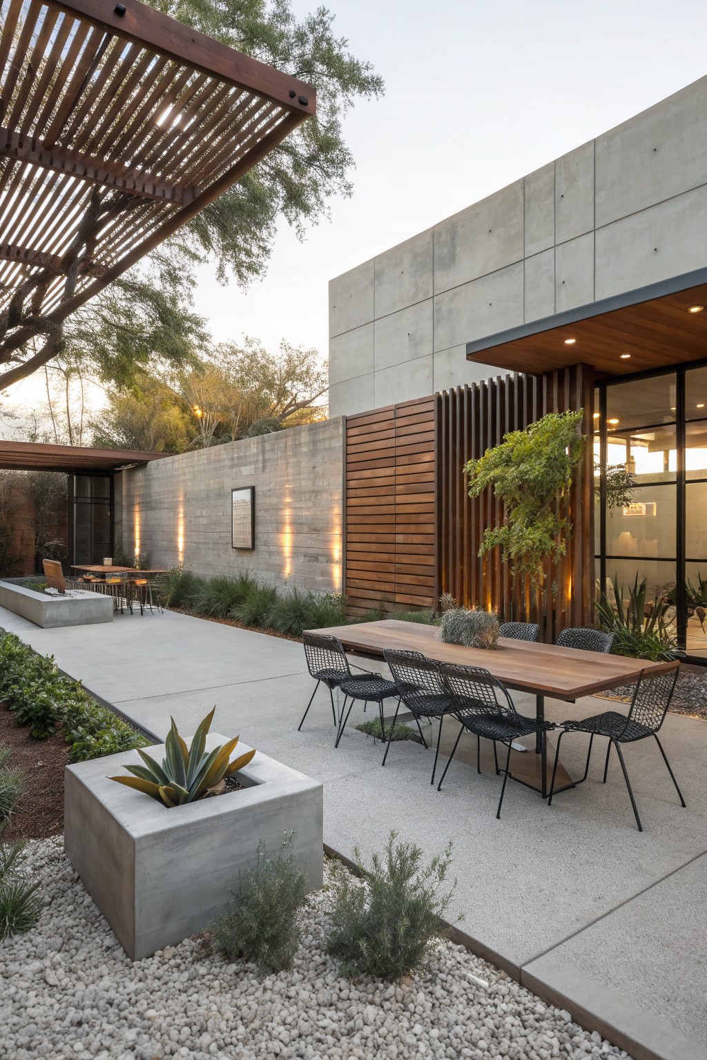 Modern outdoor patio with a long wood dining table, black wire chairs, concrete walls, and horizontal wood slats used as a privacy screen beside large glass windows.