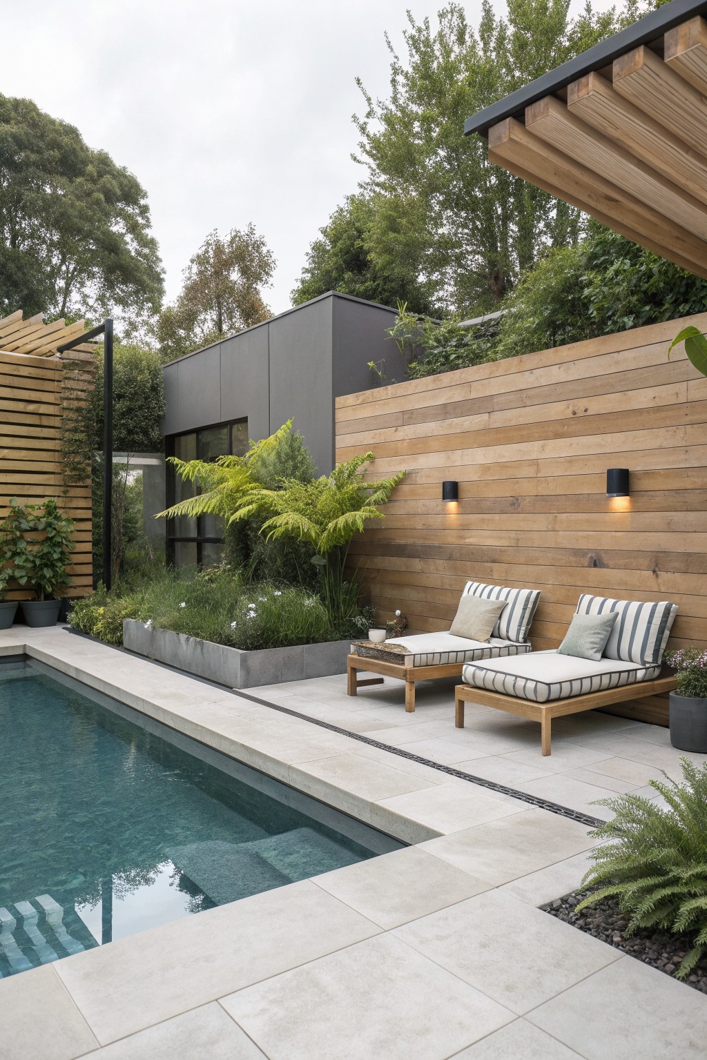 A modern backyard shows a rectangular pool beside two wooden lounge chairs with striped cushions set against a wall of horizontal wood slats, with a dark modern house and trees in the background.