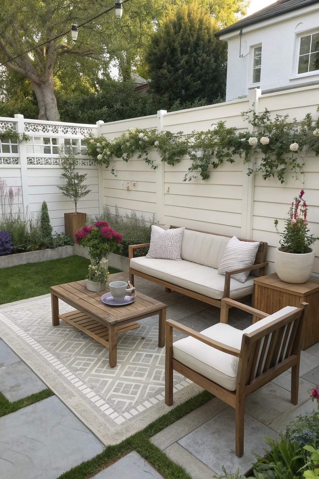 A patio seating area with a wooden sofa, armchair, and coffee table sits on a patterned rug in front of a white horizontal slat fence lined with climbing plants and potted flowers.
