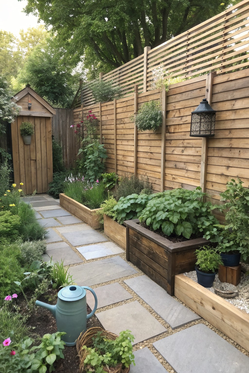 A backyard garden with raised wooden beds, a stone path, and a tall wooden fence featuring clean horizontal slats on the upper section.