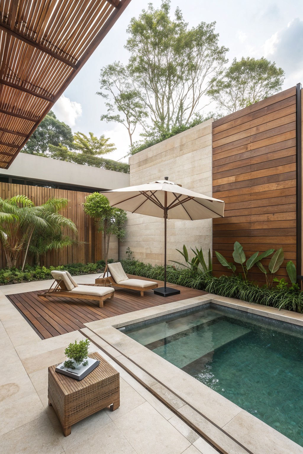 Modern patio with pool, two lounge chairs under umbrella, wooden deck and walls.