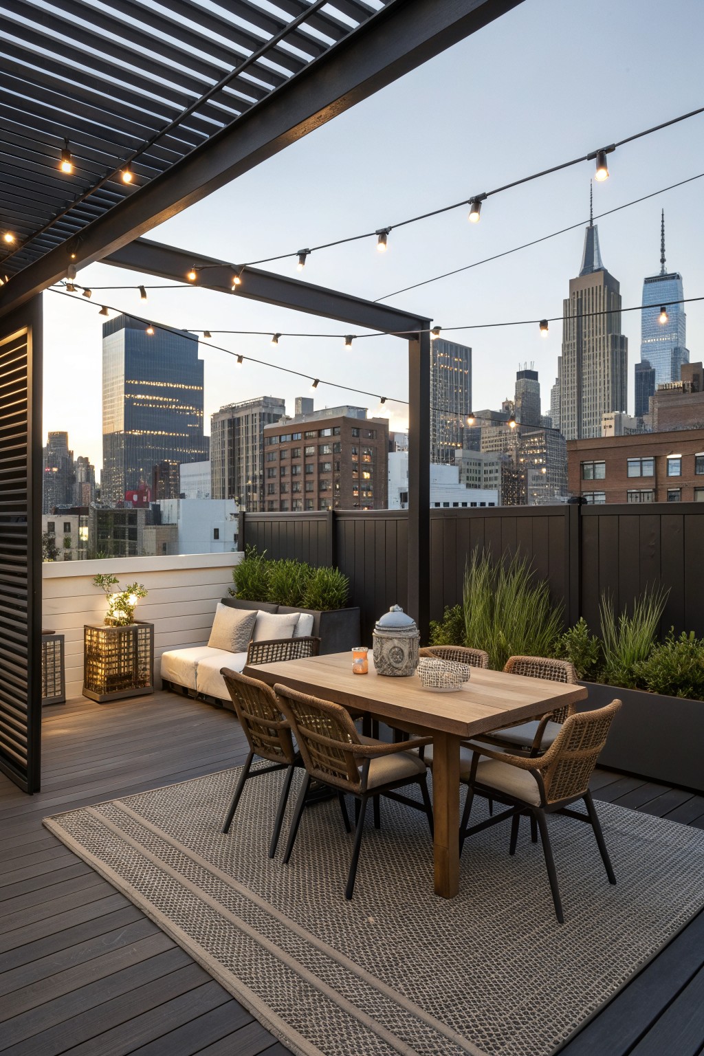 A rooftop terrace with a dining table, woven chairs on a rug, and a dark horizontal slat privacy fence overlooking a city skyline at dusk.
