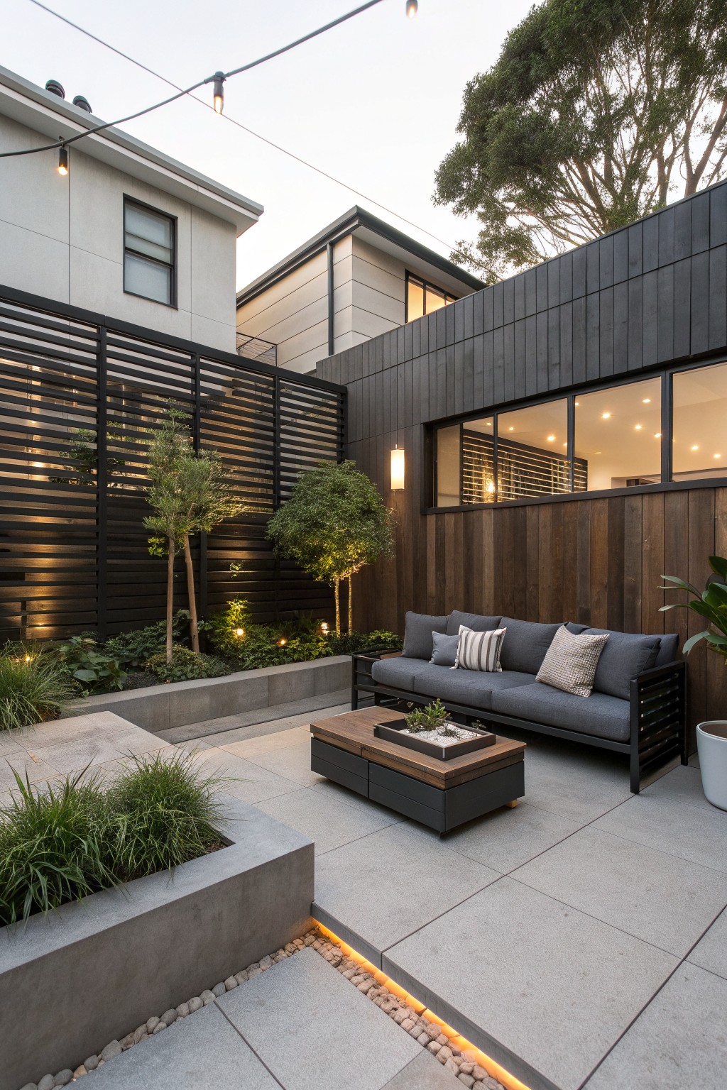 Modern outdoor patio with gray sofa, wooden coffee table, and black horizontal slat fencing along the side wall.