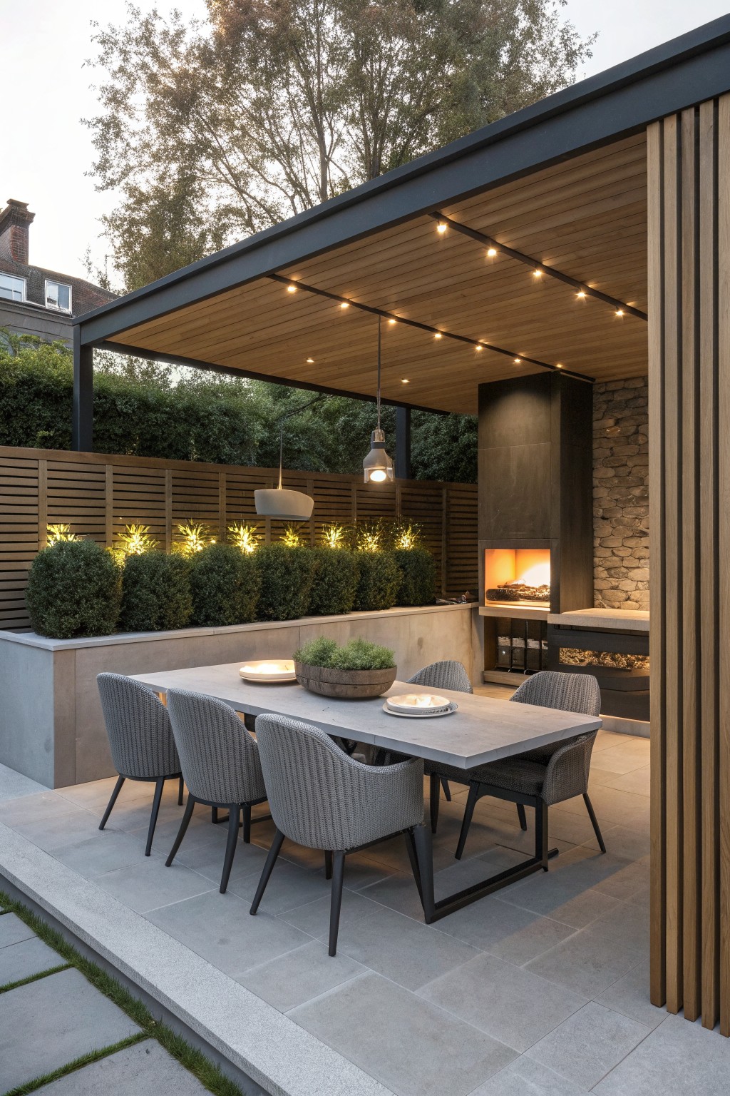Modern patio with long concrete table, woven chairs, string lights, and lit fireplace