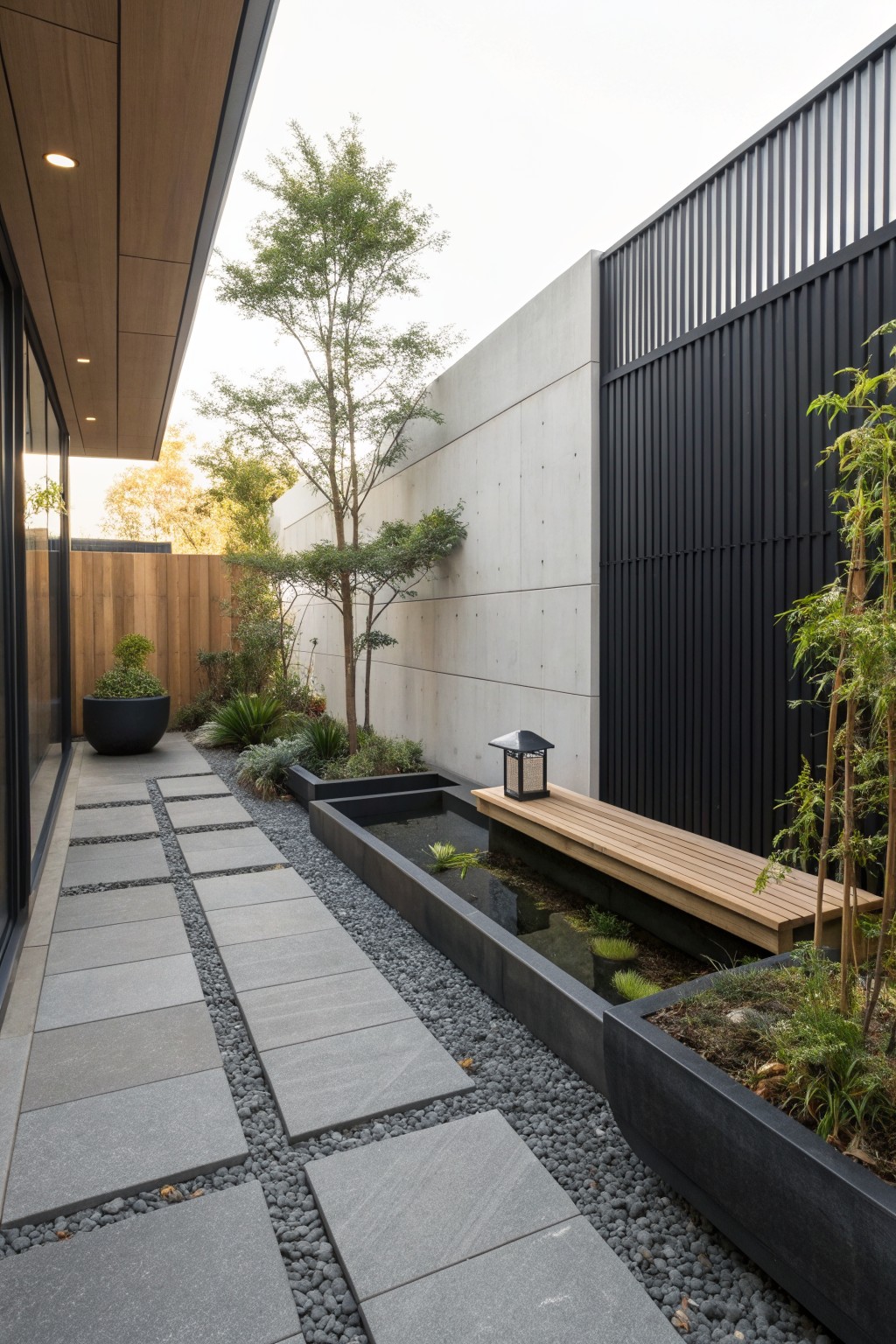 A narrow outdoor walkway with gray stone pavers and gravel leads past a long rectangular water feature, with a black horizontal slat fence on the right and concrete walls in the background.