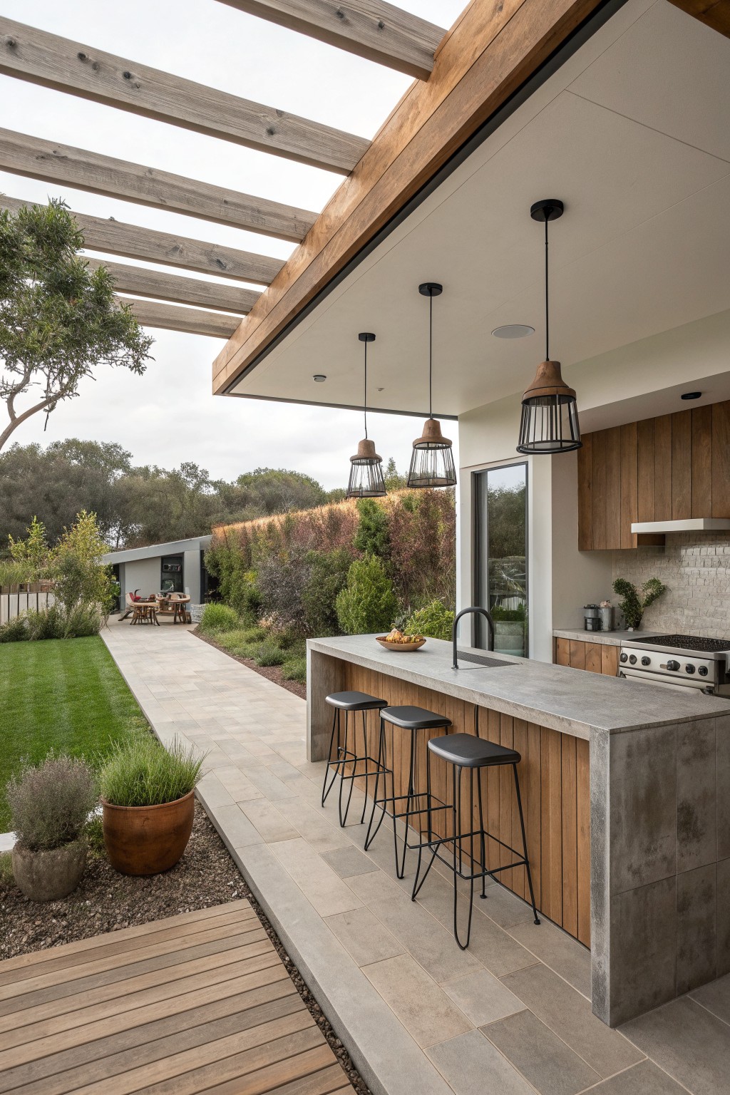 Modern outdoor kitchen bar with concrete countertop, three black stools, wood cabinet front, and overhead wooden beam structure, with lawn and hedge in the background.