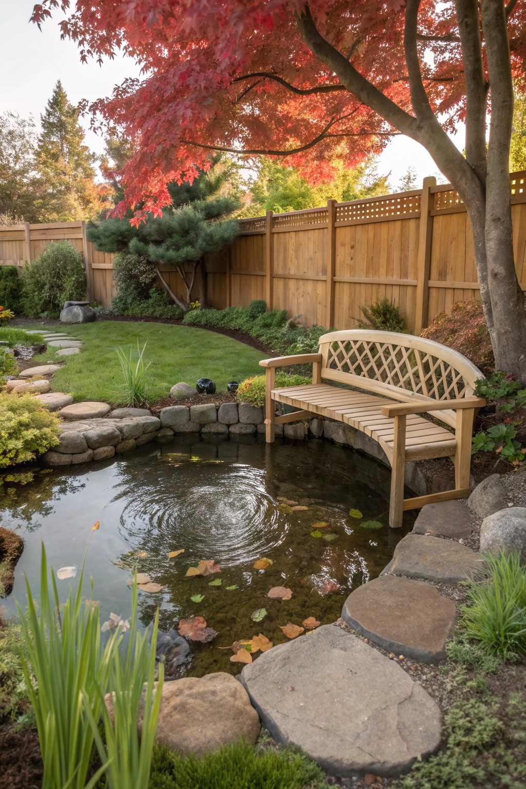 A light wood bench sits at the edge of a small garden pond with stepping stones, rocks, and trees in the background.