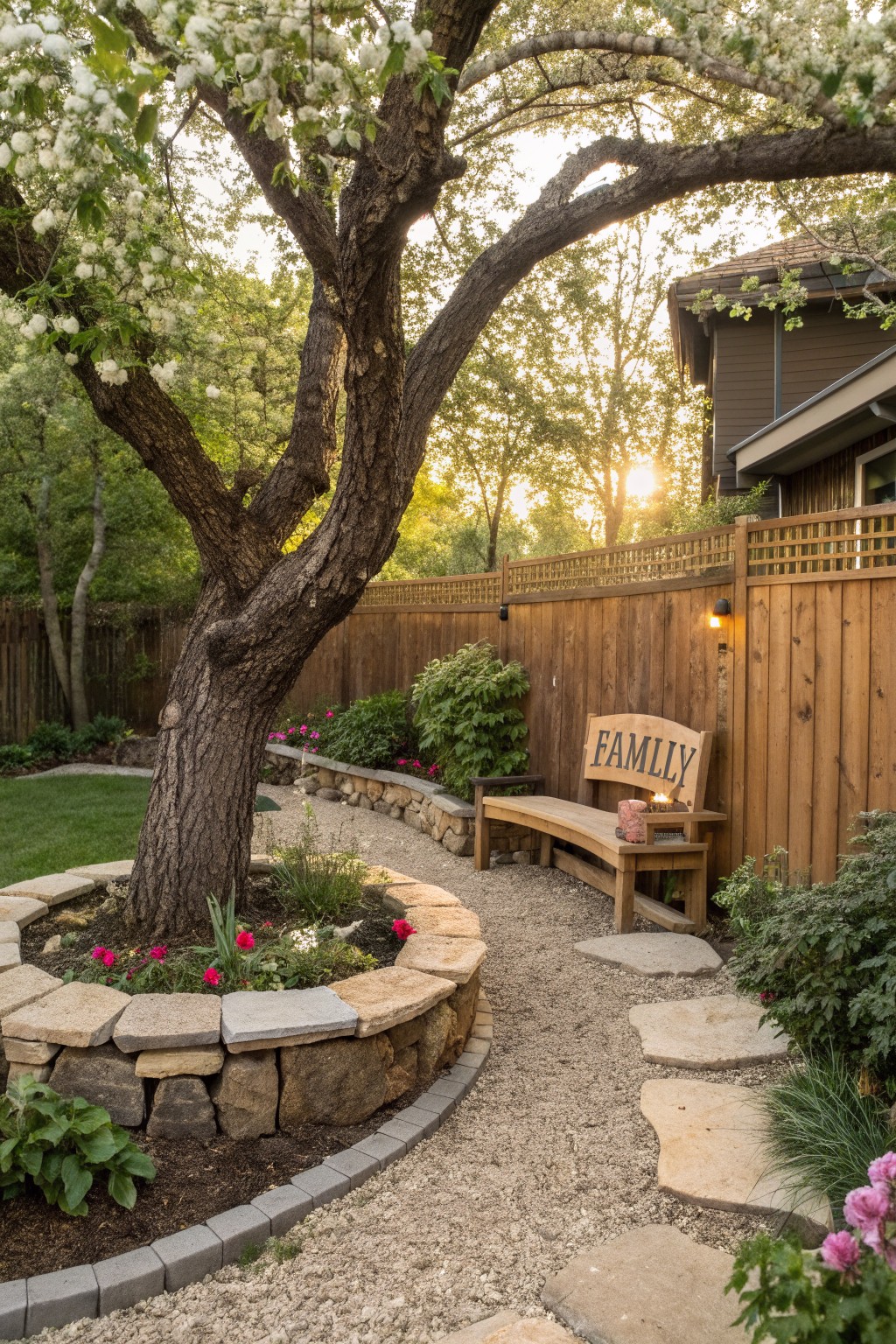 Garden with blossoming tree, gravel path, stepping stones, and wooden family bench
