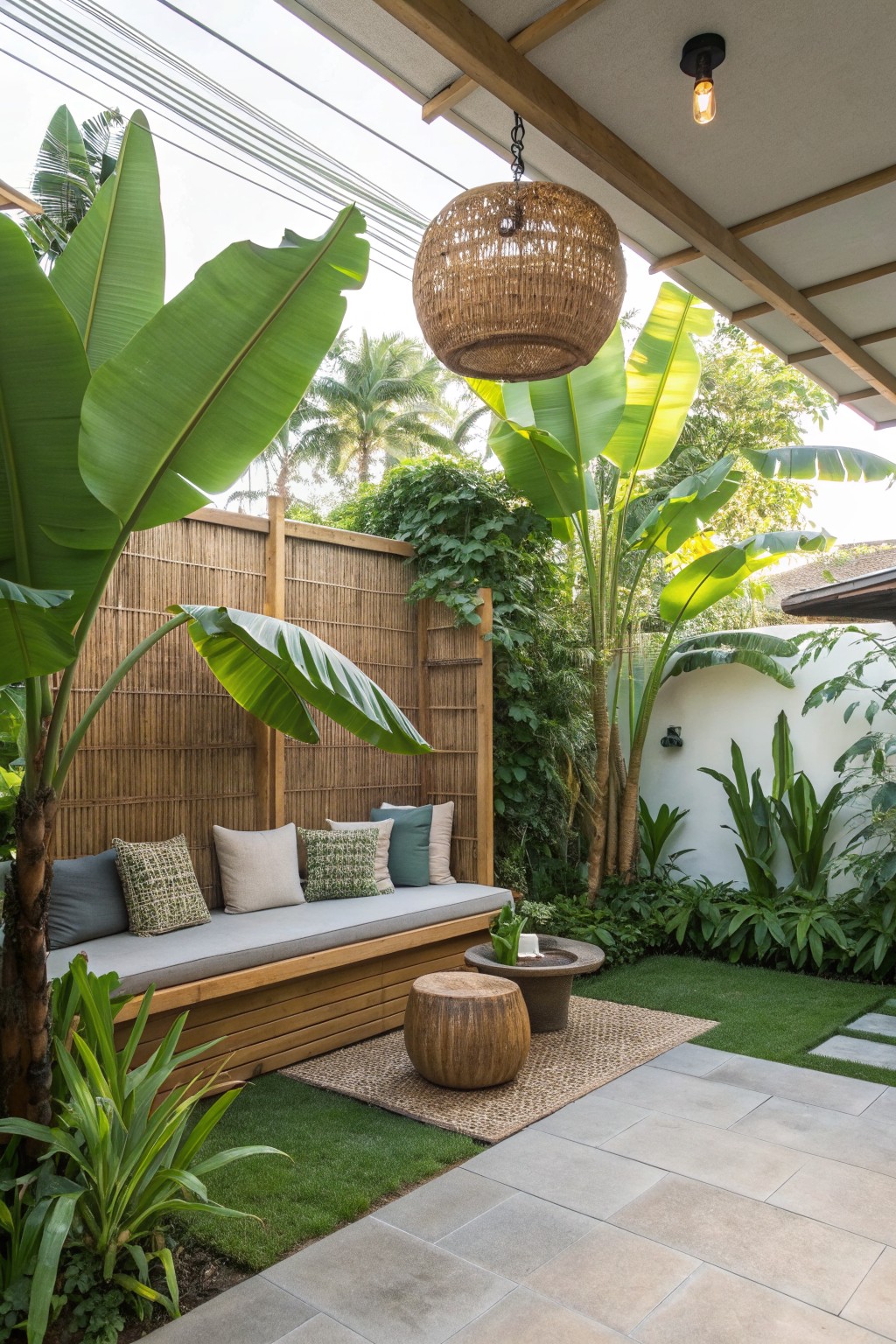 A long wooden bench with cushions sits against a bamboo fence in a garden patio, surrounded by large banana plants and trees.