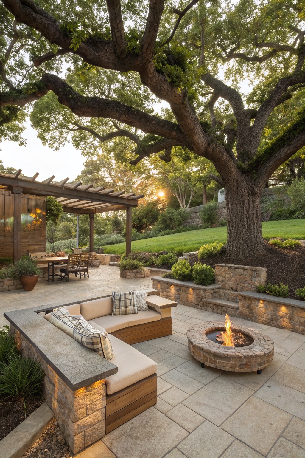 A paved patio with a curved built-in wood bench with cushions sits under a large tree next to a round stone fire pit.