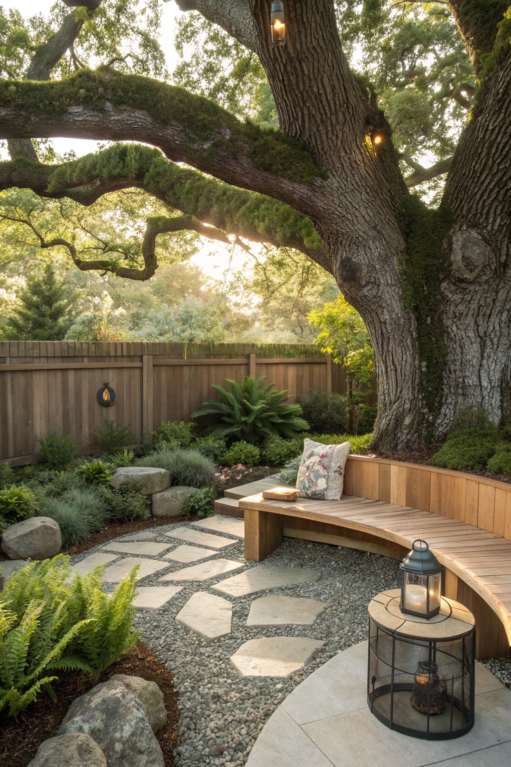 Curved wooden bench under mossy tree with stone path, lantern, and string lights