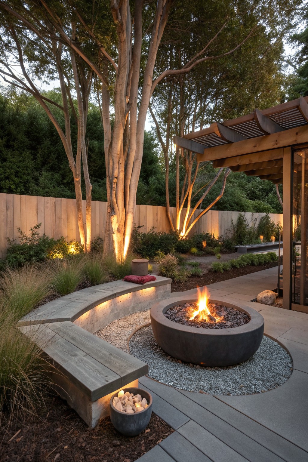 Modern patio with burning fire pit, curved bench, gravel surround and lit trees at dusk