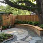 Curved wooden bench under mossy tree with stone path, lantern, and string lights