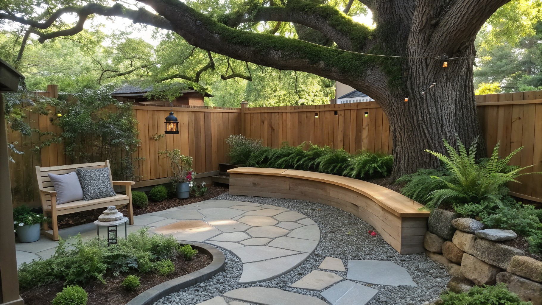 Curved wooden bench under mossy tree with stone path, lantern, and string lights