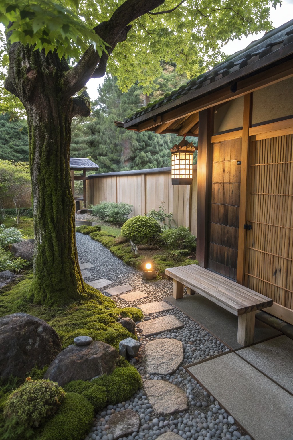 A wooden bench sits beside a gravel path with stone steps under a large mossy tree next to a traditional wooden building with a hanging lantern.