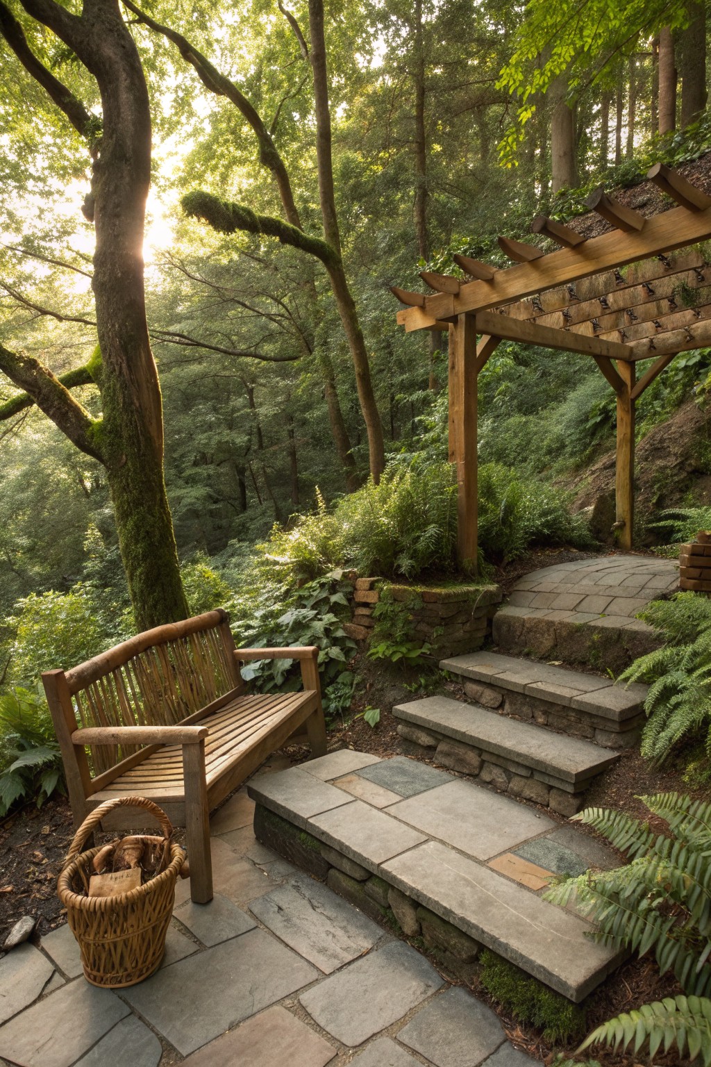 Wooden bench and wicker basket beside mossy stone steps under pergola in sunlit forest