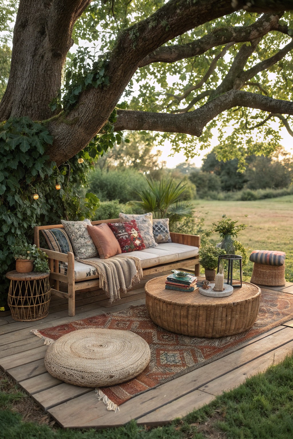 A wooden bench with cushions and pillows sits on a deck beneath a large tree, next to a round wicker table and patterned rugs.