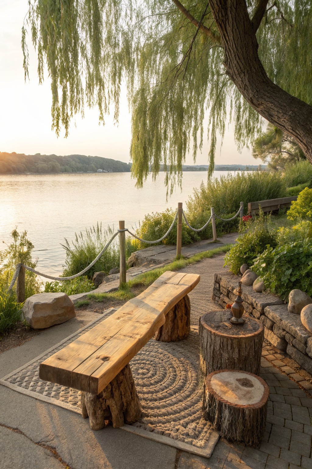 Rustic wooden bench on woven mat by lakeside path with rope fence and stumps