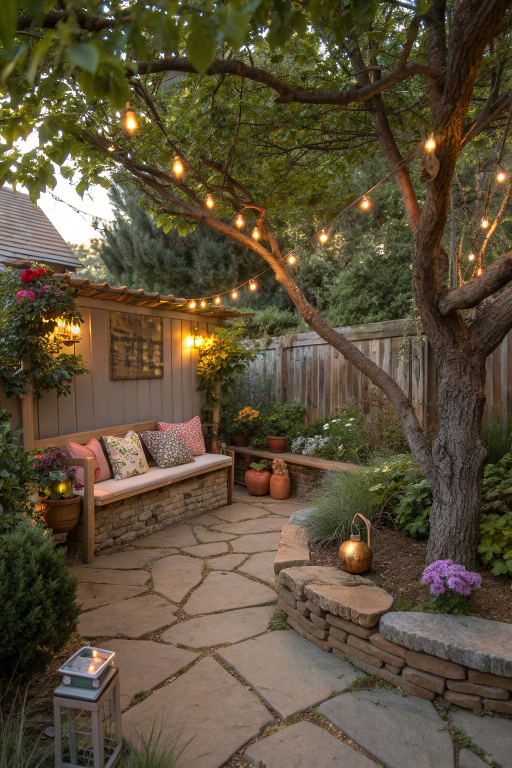 Cozy stone patio with cushioned bench, string lights, potted plants, and large tree at dusk.