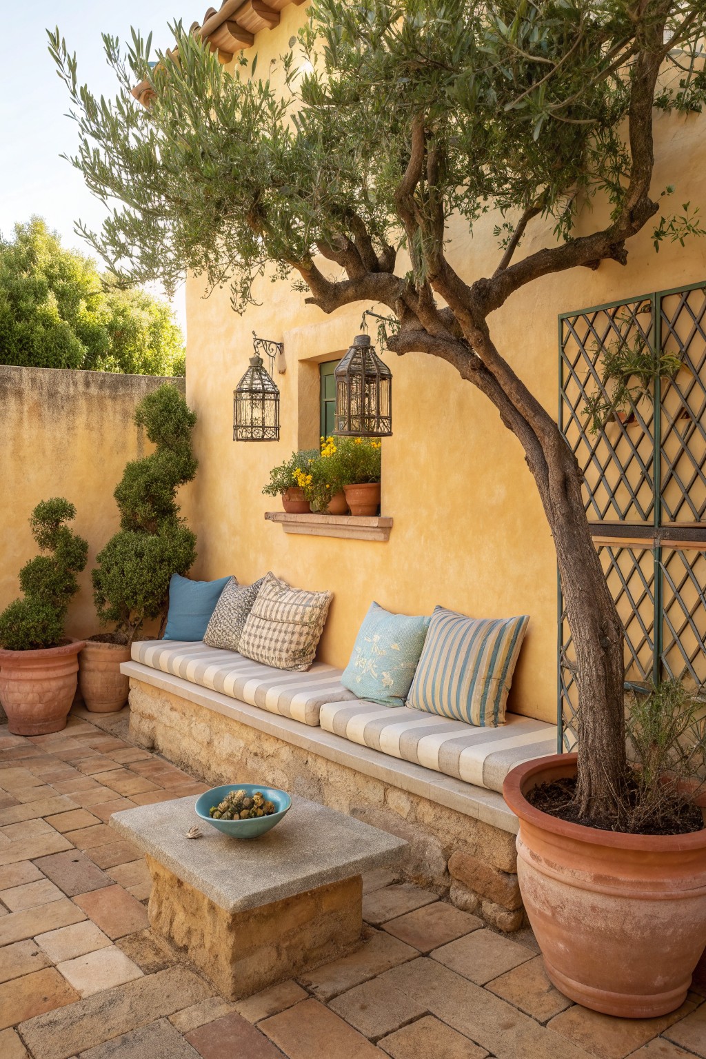 A long built-in stone bench with striped and patterned cushions sits against a yellow stucco wall under a large tree on a brick patio, with potted plants and lanterns nearby.