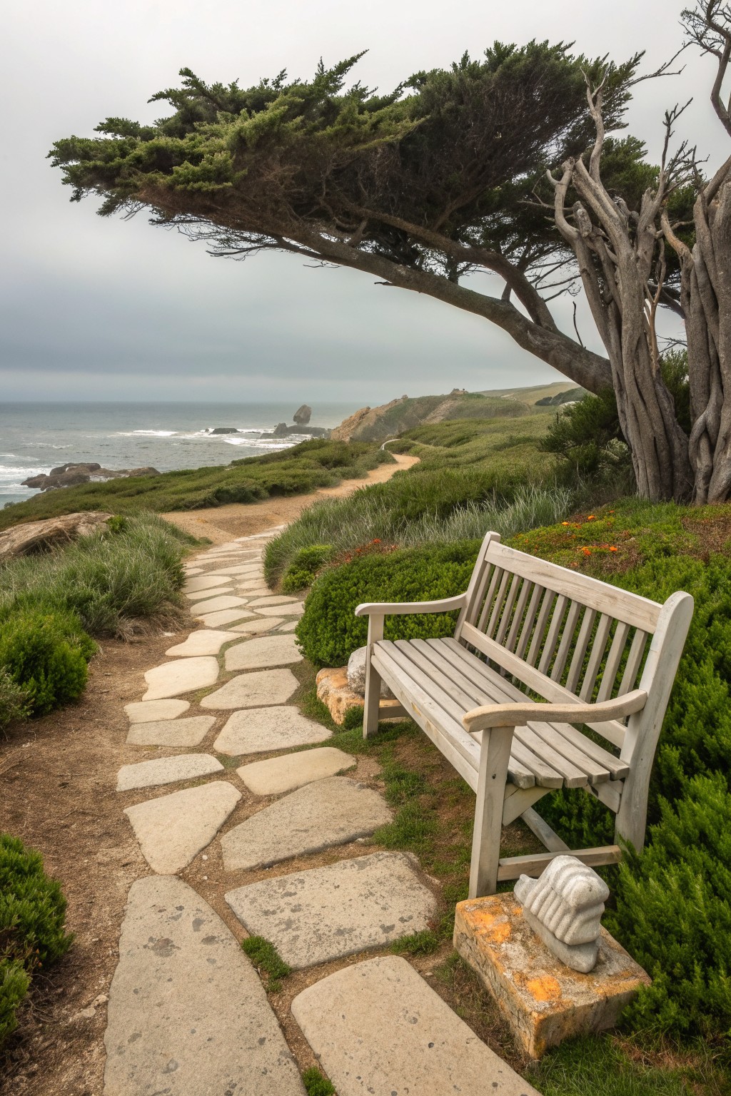 A wooden bench sits beside a stone path under a large tree overlooking the ocean.