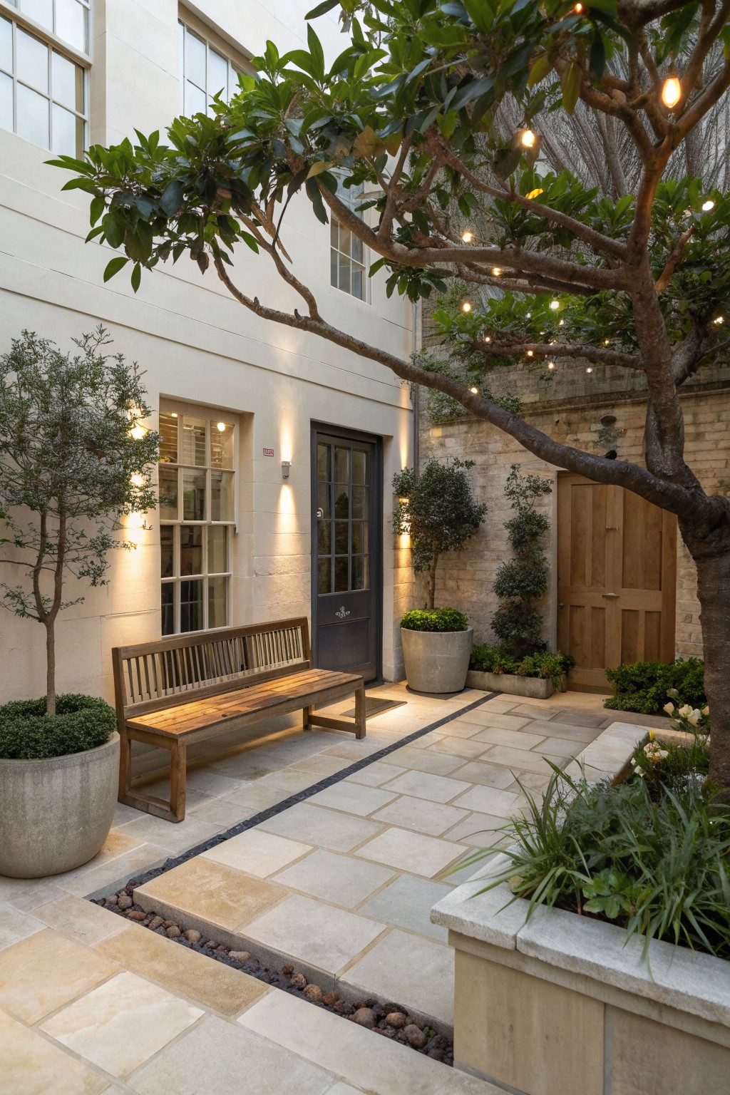 A wooden bench on a stone patio sits beneath a large tree strung with lights in a courtyard next to a building with dark doors.