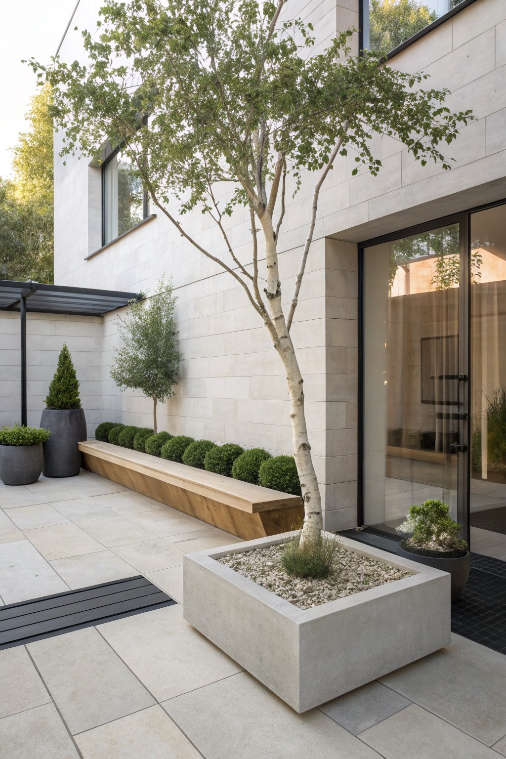 A modern outdoor courtyard with a tall tree planted in a concrete box next to a long wooden bench set against a light stone wall.