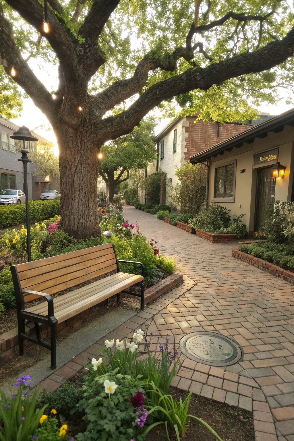 Wooden bench on a flower-lined brick path under a large tree with lights