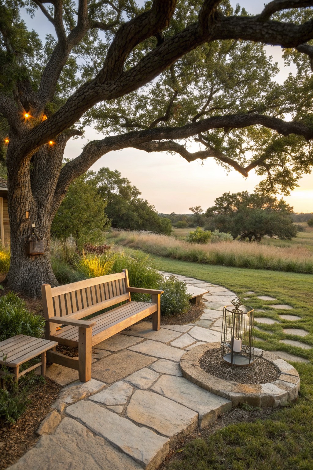 A wooden bench on a stone patio under a large oak tree, with a lantern on a nearby path.