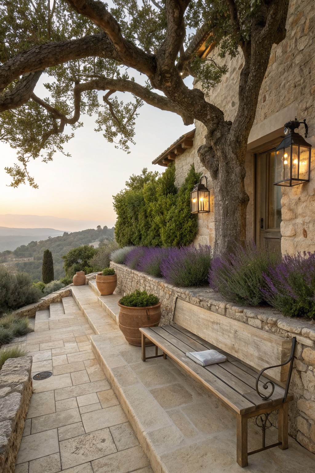 Stone terrace with wooden bench, terracotta pots, purple lavender, and lanterns by tree