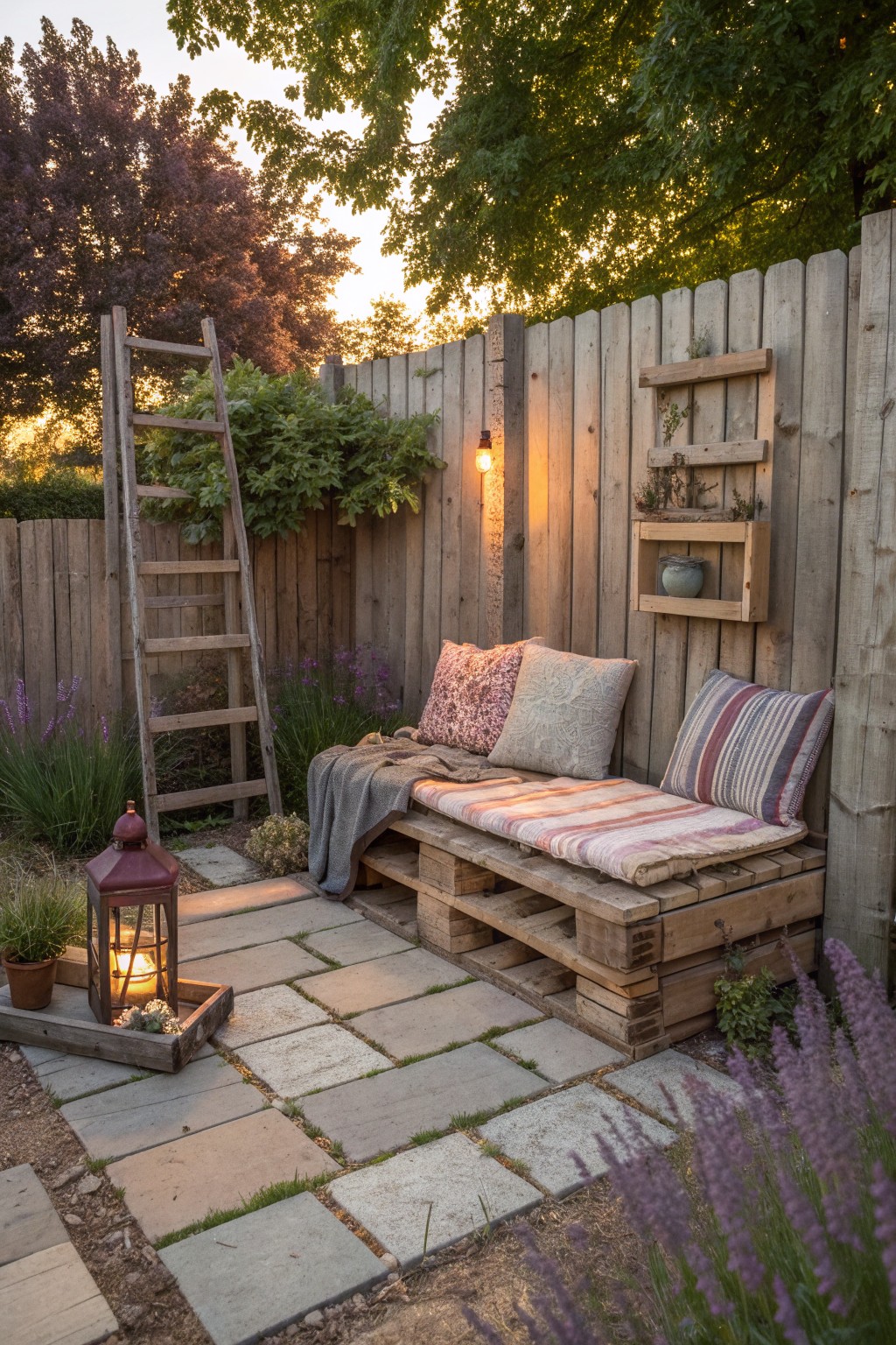 Wooden pallets form a low bench topped with striped cushions and pillows, placed on a stone patio beside a wooden fence.