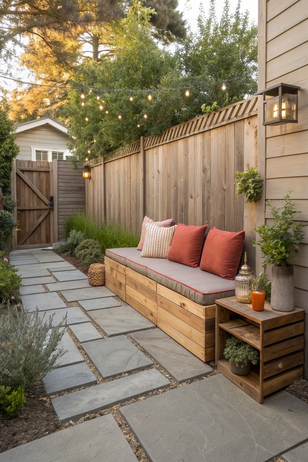 A long wooden bench with gray cushions and red pillows sits against a tall fence beside a stone path, with string lights above.