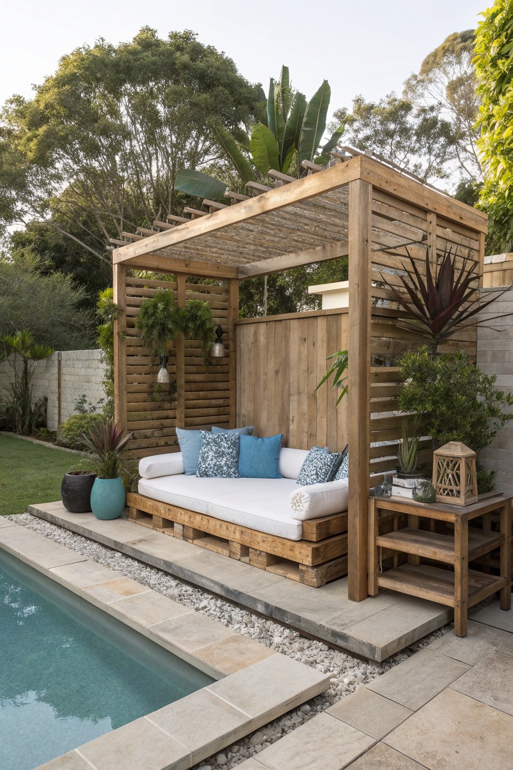 A wooden pallet daybed with white cushions and blue pillows sits under a pergola beside a swimming pool in a backyard garden.