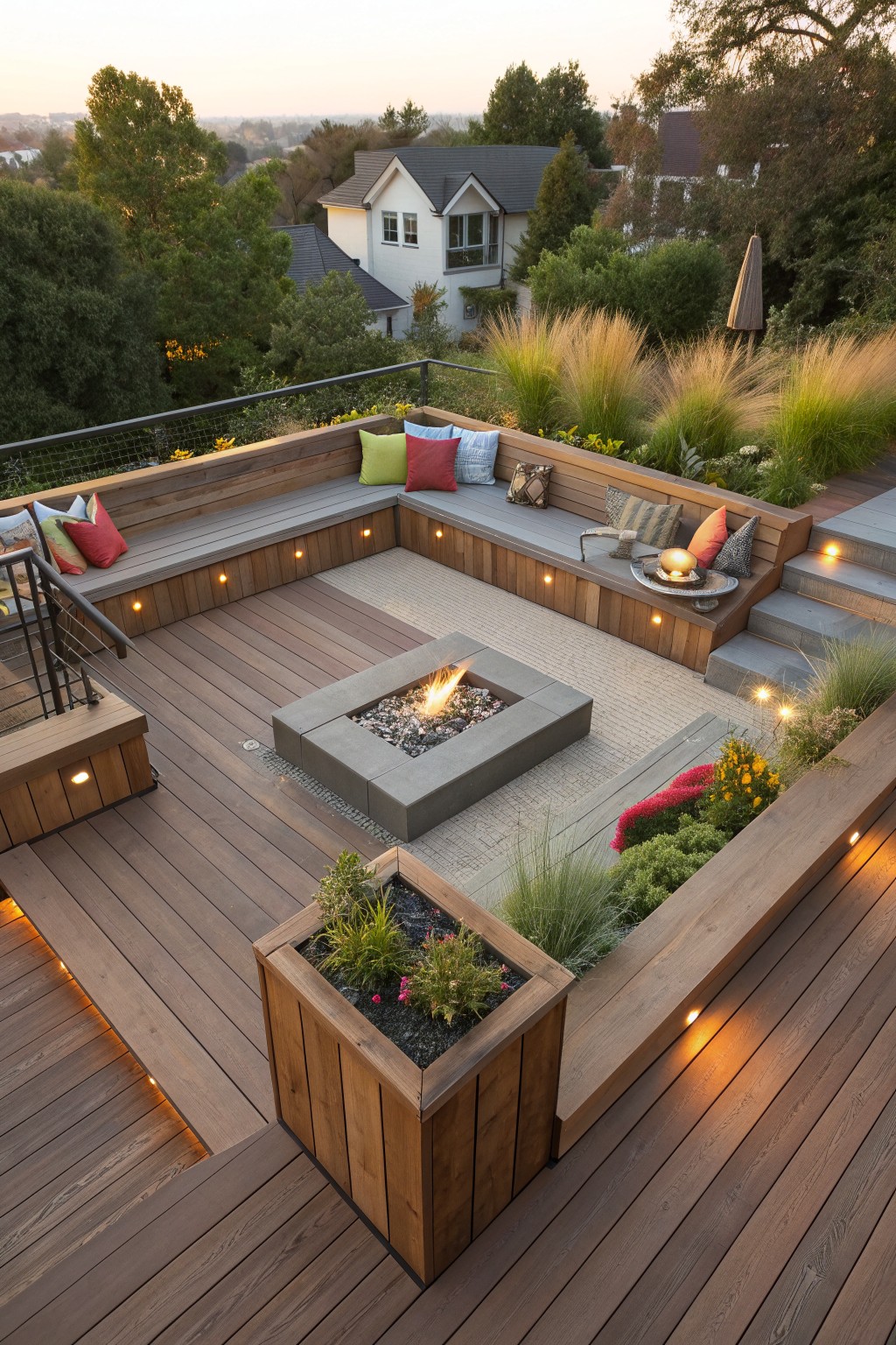 Wooden deck with L-shaped built-in bench seating, colorful cushions, central fire pit, and string lights in the evening.