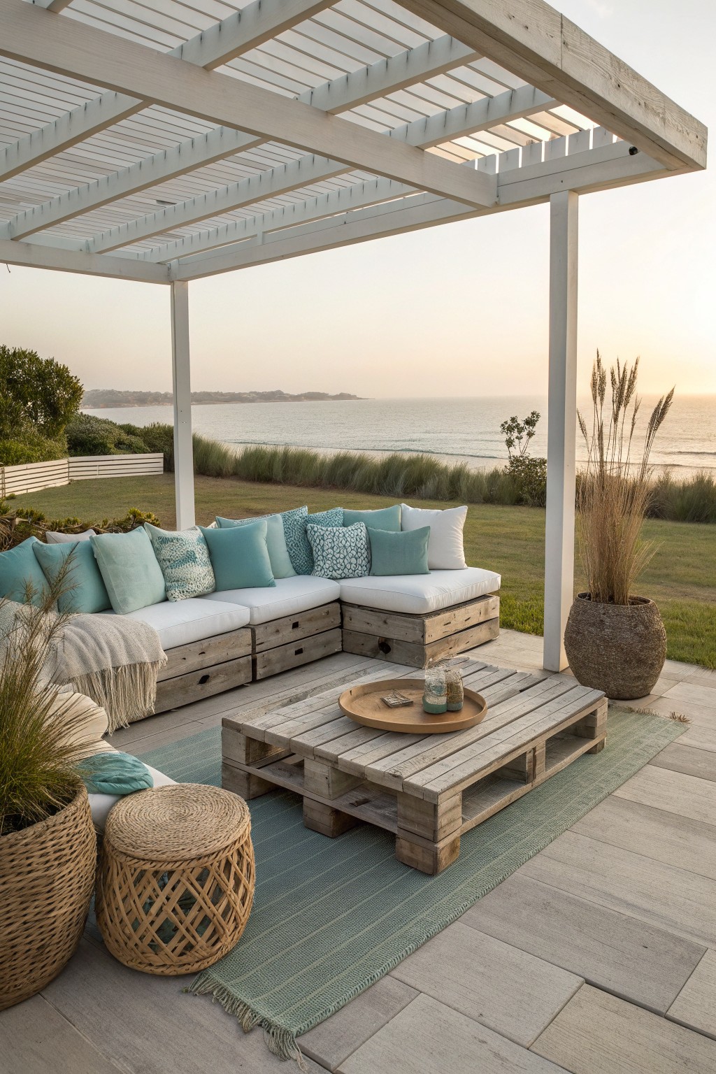 Wooden pallet sofa with white cushions and teal pillows on a patio overlooking the ocean, next to a matching pallet coffee table.