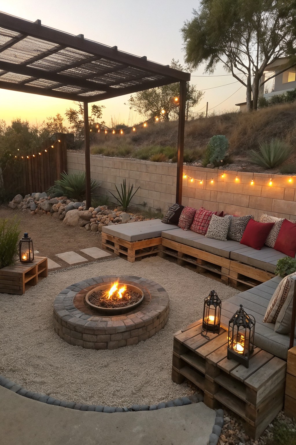 A backyard patio featuring wooden pallet benches and tables arranged around a circular stone fire pit, with string lights and lanterns.