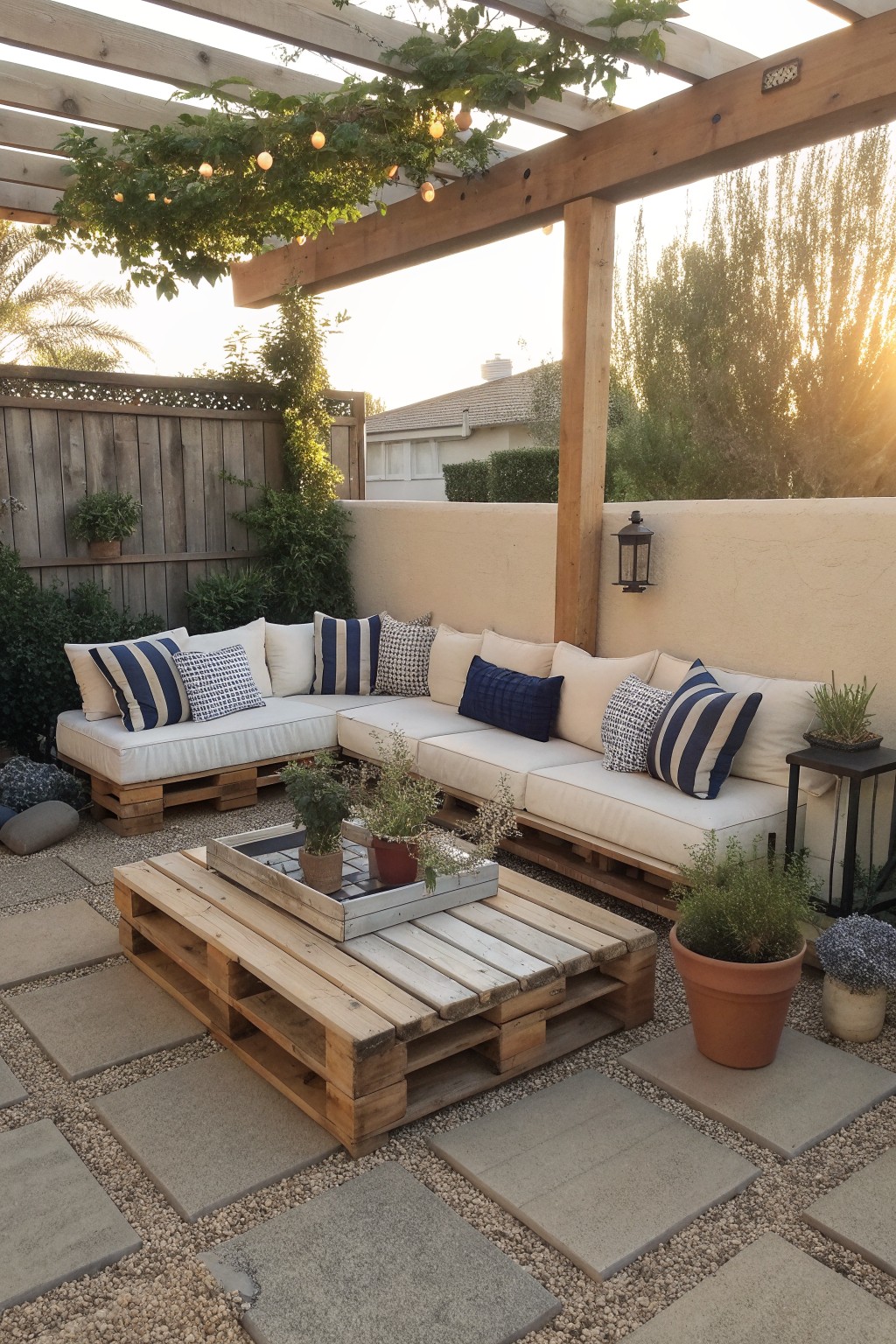 An outdoor patio features an L-shaped seating area made from wooden pallets with white cushions and blue striped pillows, a matching pallet table in front, and a wooden pergola above.
