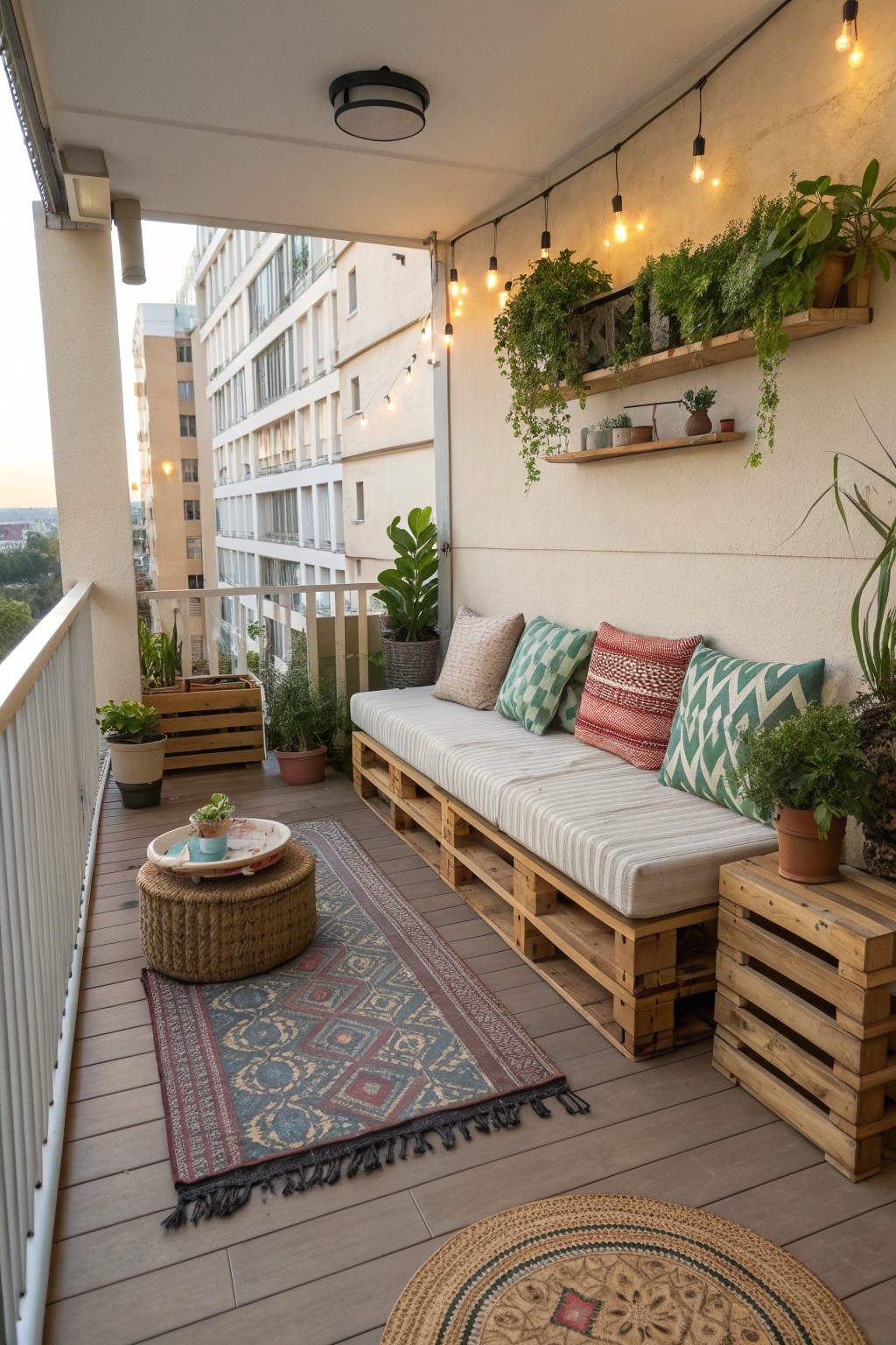 A balcony with a long bench made from stacked wooden pallets, topped with striped cushions, and surrounded by potted plants and string lights.