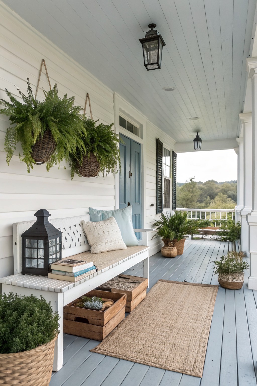 A white wooden bench with light blue and patterned pillows sits on a blue porch floor next to a blue door, with wooden crates stored underneath and potted plants nearby.