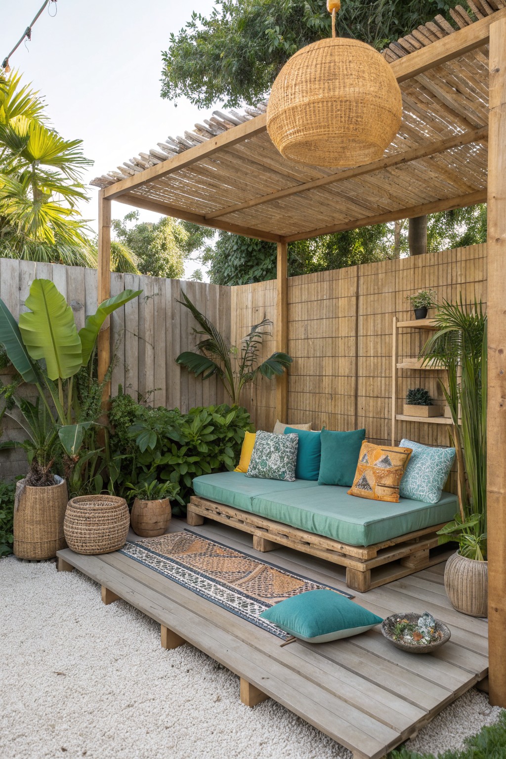 A wooden pallet daybed with teal cushions sits under a pergola on a deck, surrounded by plants and gravel.